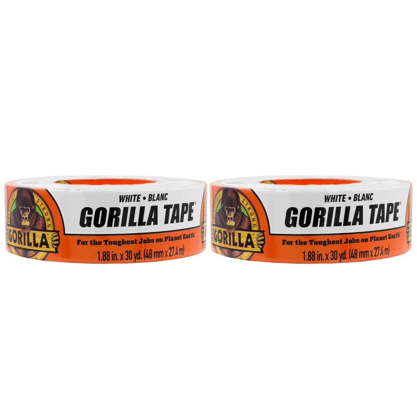 Gorilla Tape, White Duct Tape, 1.88" x 30 yd, White, (Pack of 2)