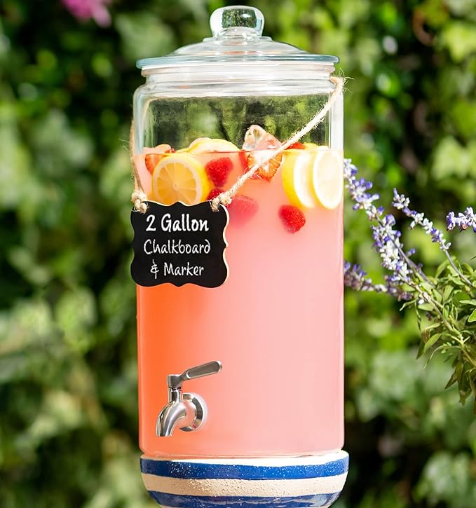 2 Gallon Beverage Dispenser with Stainless Steel Spigot + Marker & Chalkboard 100% Leakproof Glass Drink Dispenser for Par...