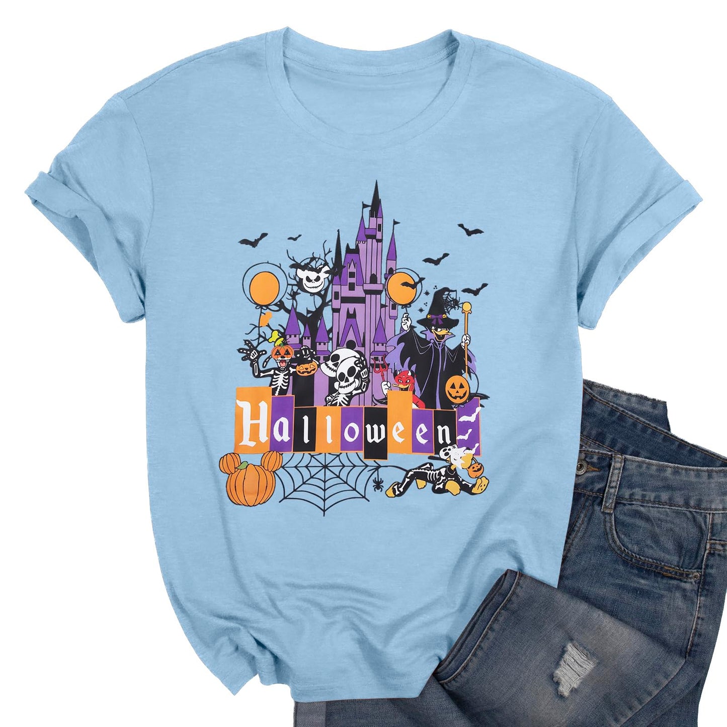 Halloween Ghost Shirts: Magic Kingdom Shirt Women Funny Magic Castle T Shirt Spooky Season Halloween Short Sleeve Tees Blue