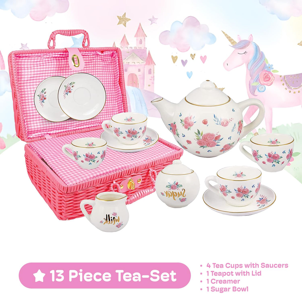 Porcelain Tea Set for Girls - Pink Ceramic Tea Cups with Pink Box - Glass Toy for Kids Party - Ideal Gift for Toddlers and Children's Ages 3 Years Old - Floral Design, 13 Pieces