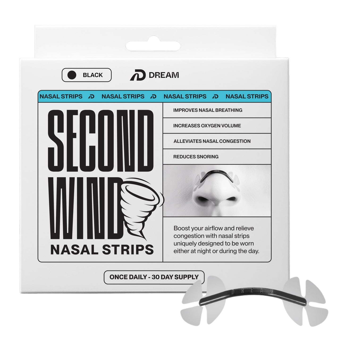 Dream Recovery Second Wind Nasal Strips - Nose Strips for Breathing, Sleep and Athletic Performance - Snore Relief and Congestion Support - Black, 30 Count