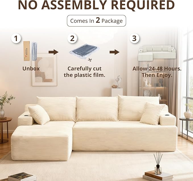 105" Cloud Sectional Couch with L-Shape Chaise, Modular Sectional Sofa with Deep Seat & 2 Cup Holders, Modern Corduroy Boneless Couches for Living Room, No Assembly Required, Left Facing Chaise, White | Pet Friendly, Flexible Layout