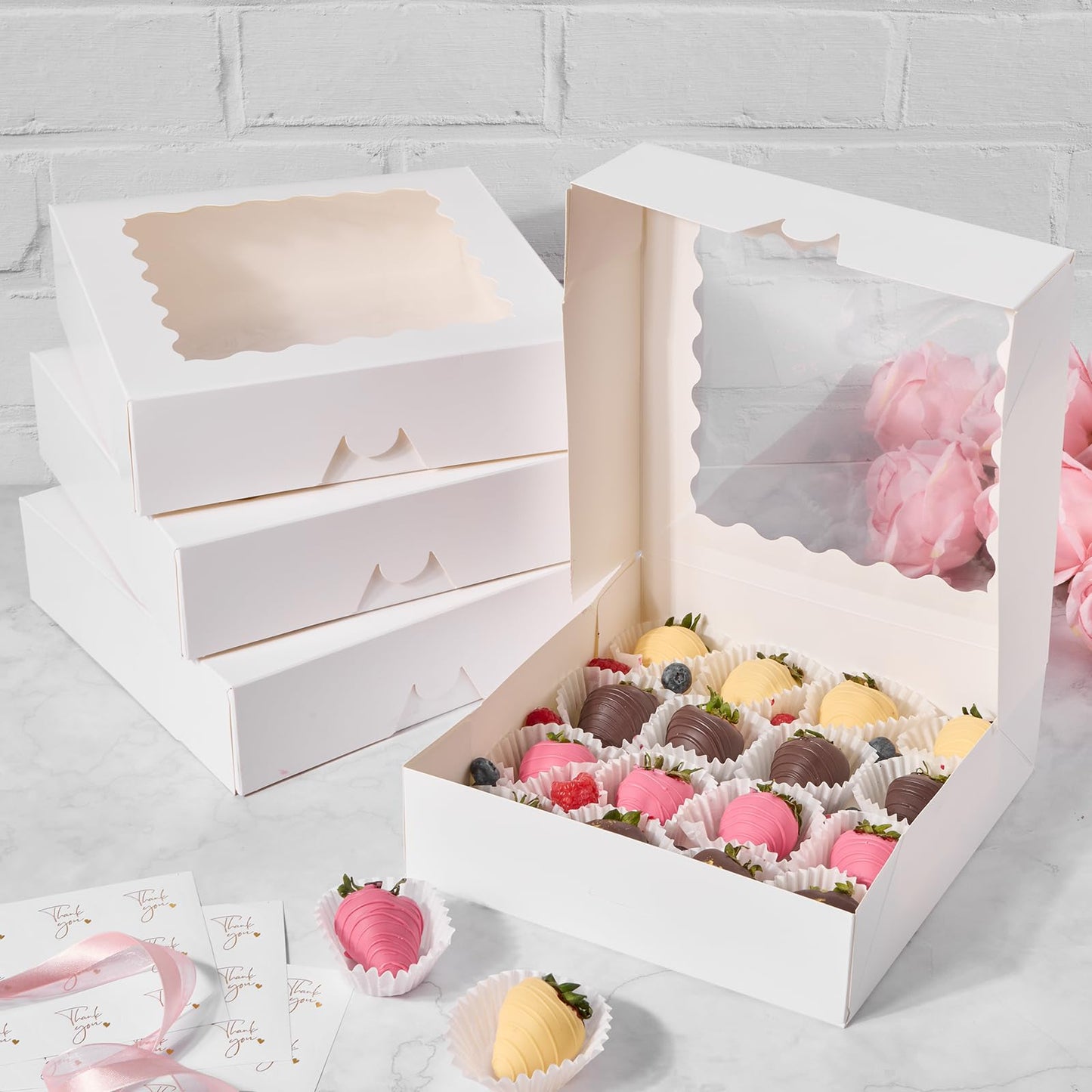 9" x 9" x 2.5" Pie Boxes, 20 Pack Auto Pop-up Chocolate Covered Strawberry Boxes White Bakery Boxes with Window for Cookies, Treats, Pastry, Breakable Heart, Donuts, Muffins
