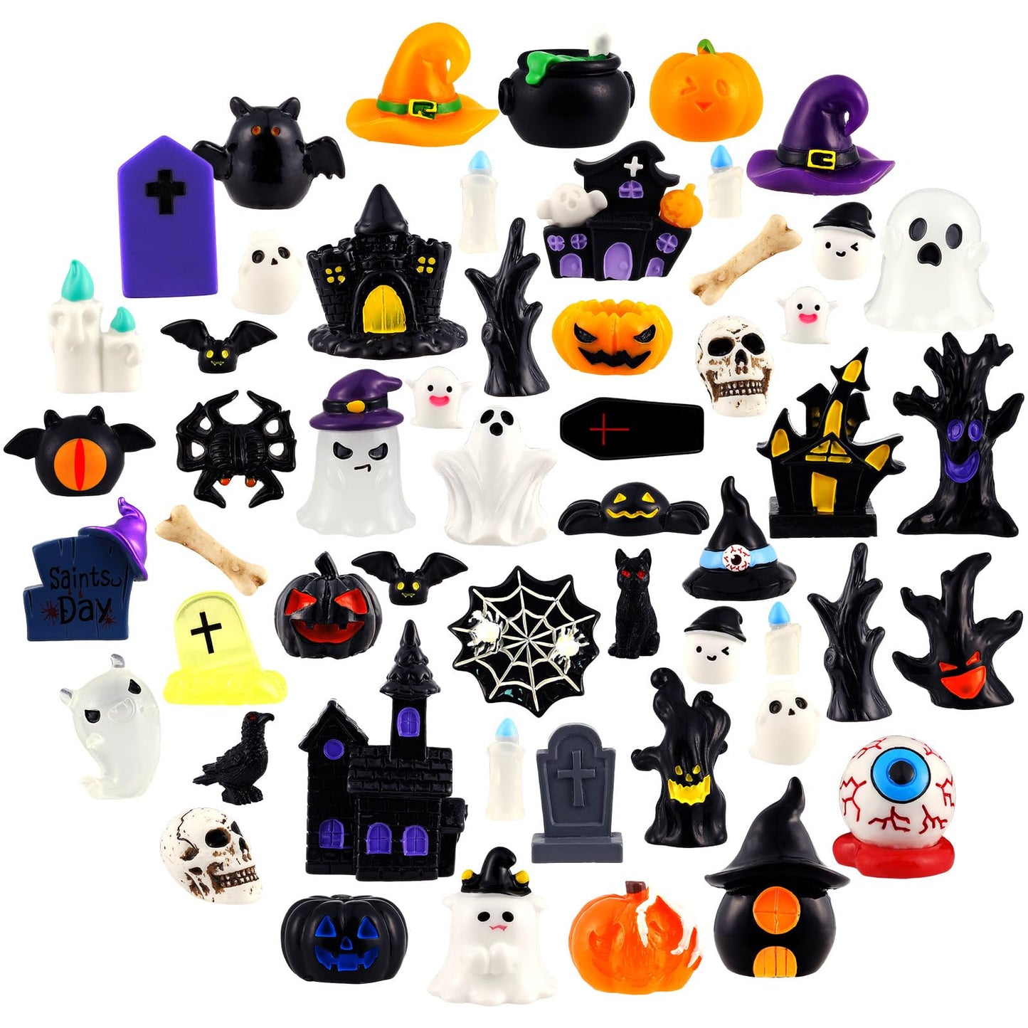 Bbiamsleep 54 Pcs Halloween Mini Resin Figurines Miniature Pumpkin Ghost Skull Tiny Resin Animals to Hide for Halloween Party Fairy Garden Decor