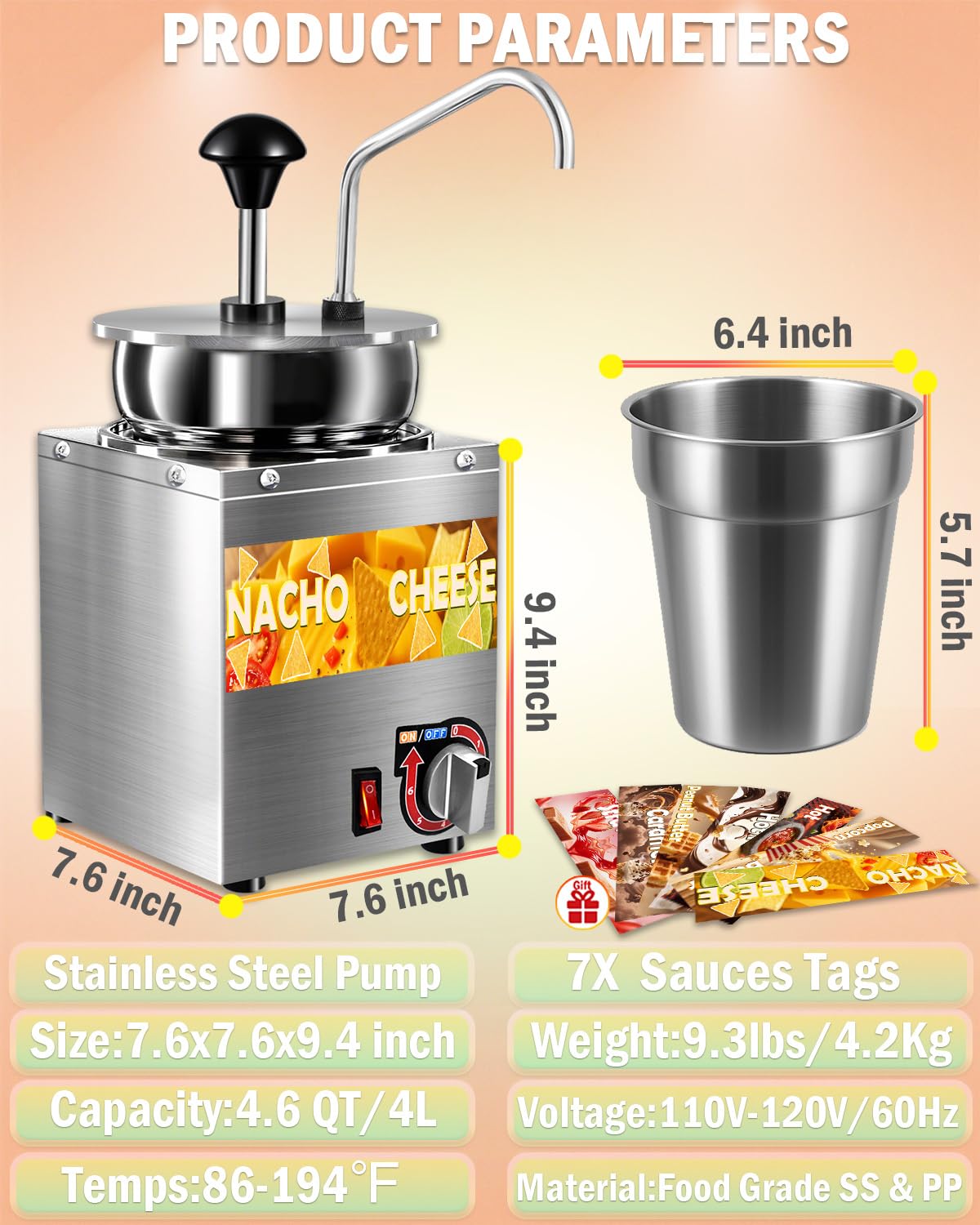 Nacho Cheese Dispenser, 4.6 Qt Nacho Cheese Warmer with Stainless Steel Pump, Hot Fudge Warmer with 6-Level Temperature Adjustment, Commercial Sauce Dispenser Machine for Butter Cheese Caramel Syrup