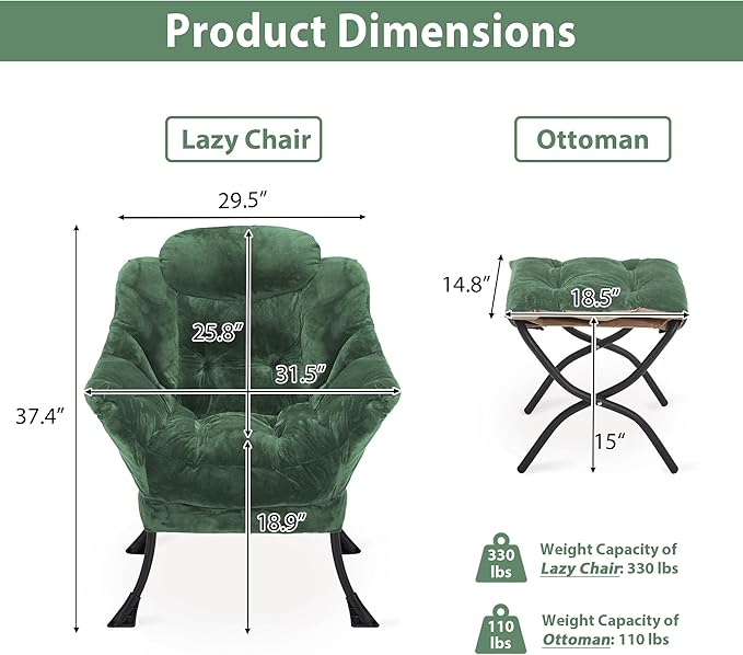 Youtanic Lazy Chair with Folding Ottoman, Accent Chair Plush Upholstered with Metal Structure and Non-Slip Pads, Sofa Armchair with Footrest and Side Storage Bag for Dorm, Room, Office, Green