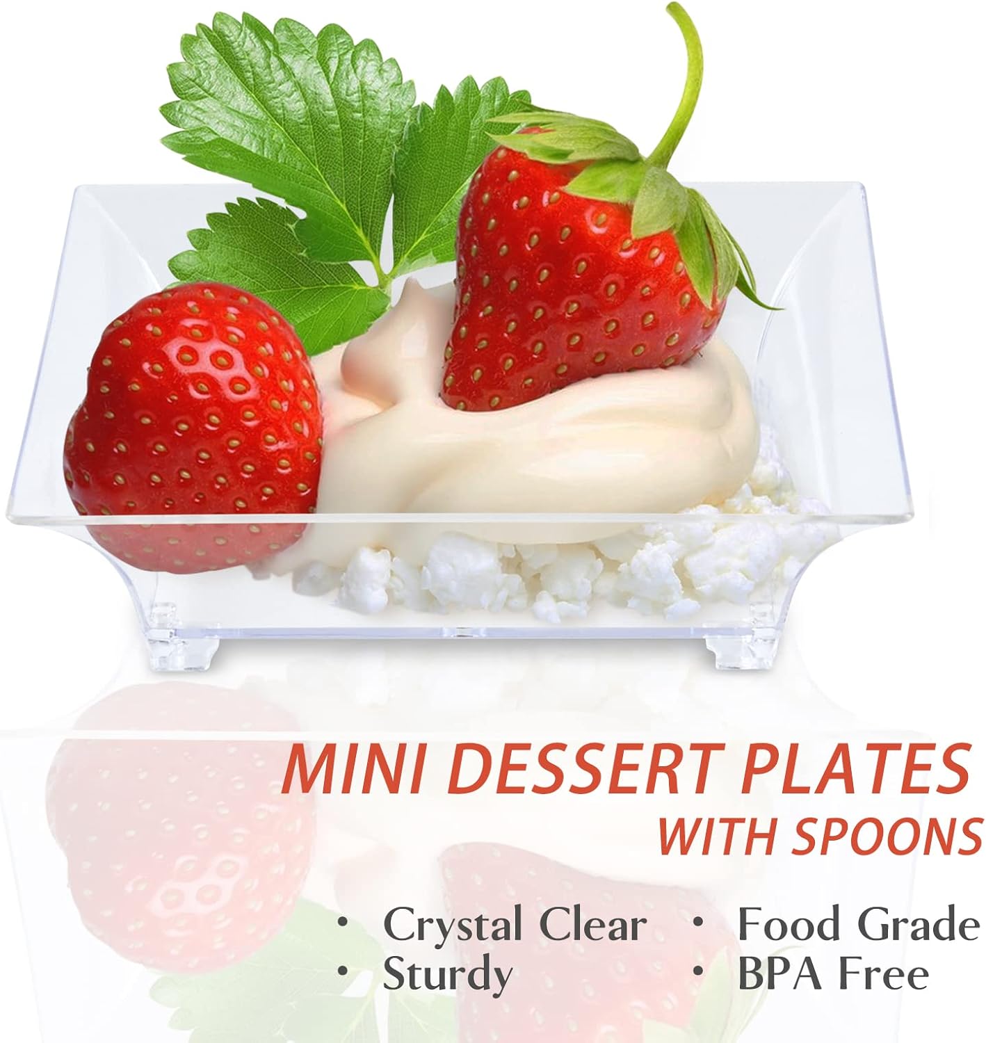 Qeirudu 100 Pack 1 oz Small Dessert Plates for Appetizers - Mini Plastic Plates with Spoons Reusable Square Appetizer Bowls Tiny Individual Serving Trays