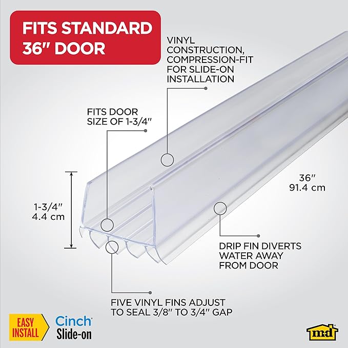 M-D Building Products Vinyl Cinch U-Shape Door Bottom Seal, Slide-On Weatherstripping Draft Stopper, Easy to Install, Fits 36” x 1-3/4” Doors, Fills 3/8”- 3/4” Gaps, 43338, Clear