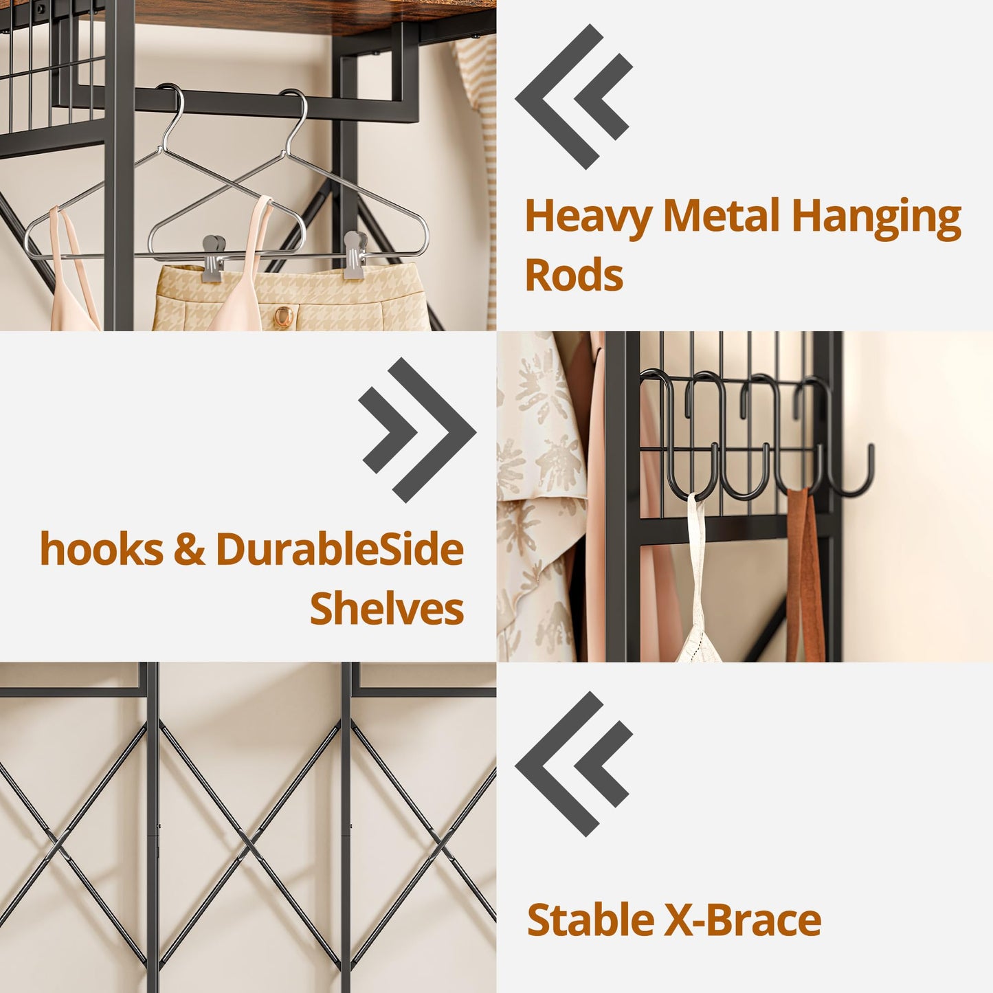 IRONCK Garment Racks and Storage Shelves, Heavy Duty Clothes Rack with 4 Wooden Drawers and Hanging Rods, Freestanding Closet Wardrobe Rack, Vintage Brown