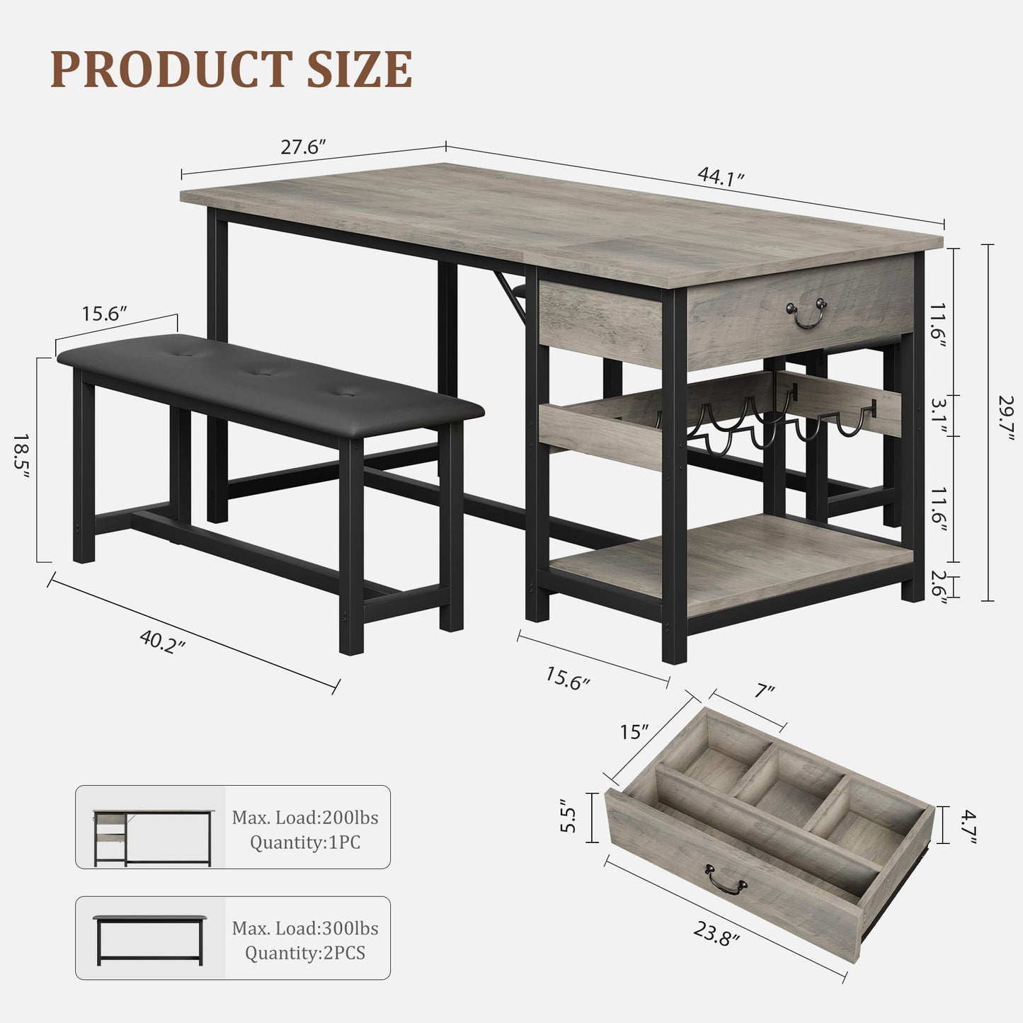 Dining Table Set for 4 People, Kitchen Table Set with 2 PU Leather Upholstered Benches, MDF Wood Board Dining Room Table Set with Drawer & Wine Rack for Breakfast Nook, Apartment, Small Spaces