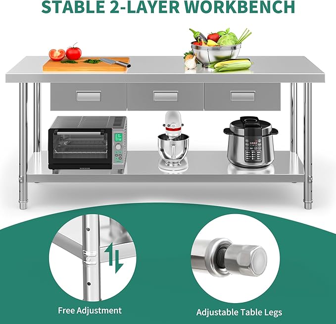 YITAHOME 72" X 24" Stainless Steel Table with 3 Drawers, NSF Work Table with Drawer, Metal Table Prep Table for Home Kitchen Restaurant Garage Warehouse