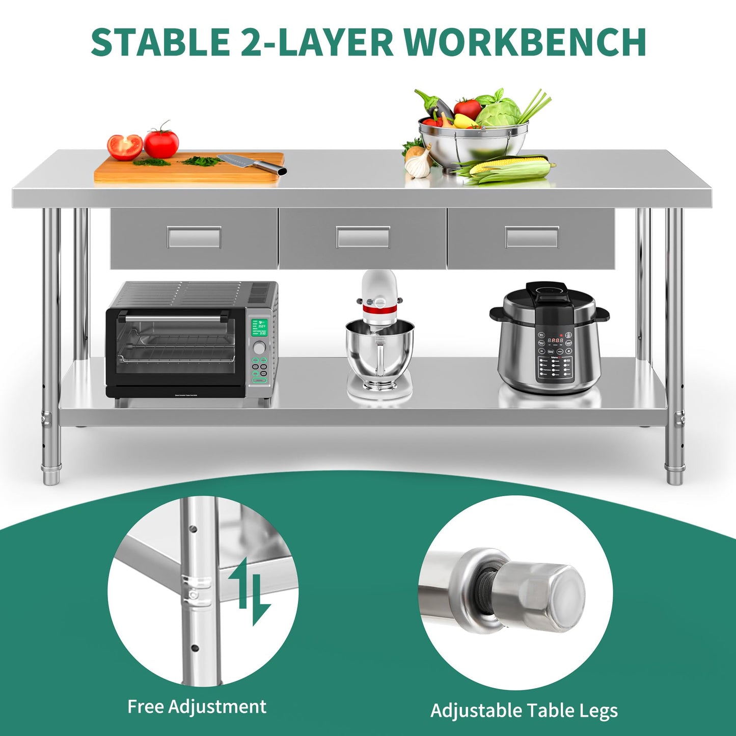YITAHOME 72" X 24" Stainless Steel Table with 3 Drawers, NSF Work Table with Drawer, Metal Table Prep Table for Home Kitchen Restaurant Garage Warehouse