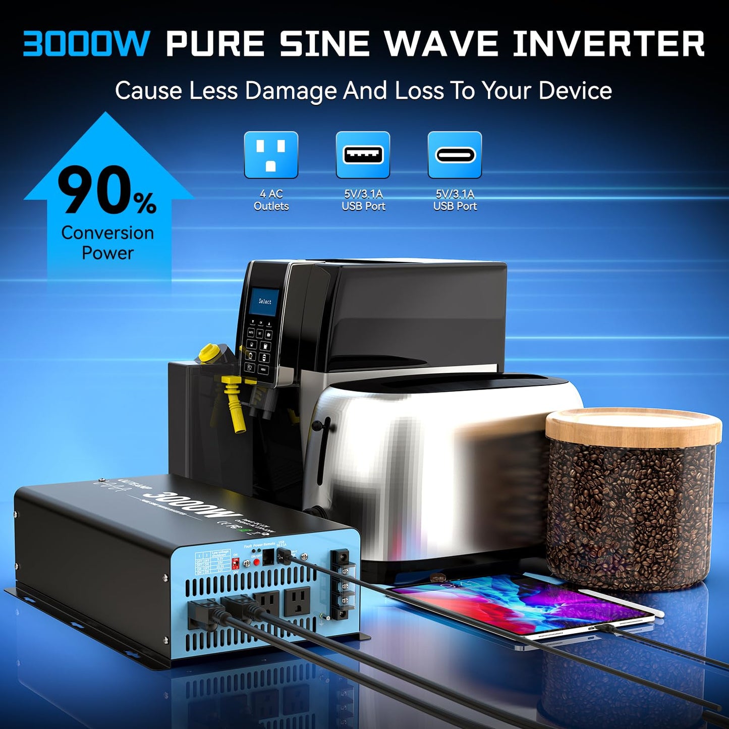 Olteanp New Upgraded 3000 Watts Pure Sine Wave Inverter, 12V Dc To 110V Ac Power Inverter With 4 Ac Outlets, Usb Port, Type-C Po