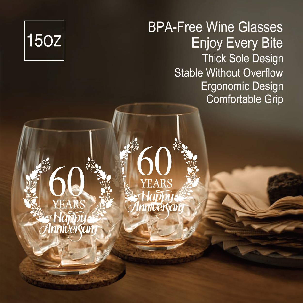 Perfectinsoy 60 Years Happy Anniversary Wine Glass Set of 2, 60th Anniversary Wedding Gift For Mom, Dad, Wife, Soulmate, Couple, Funny Vintage Unique Personalized, 60 Years Gifts, Wedding Gifts