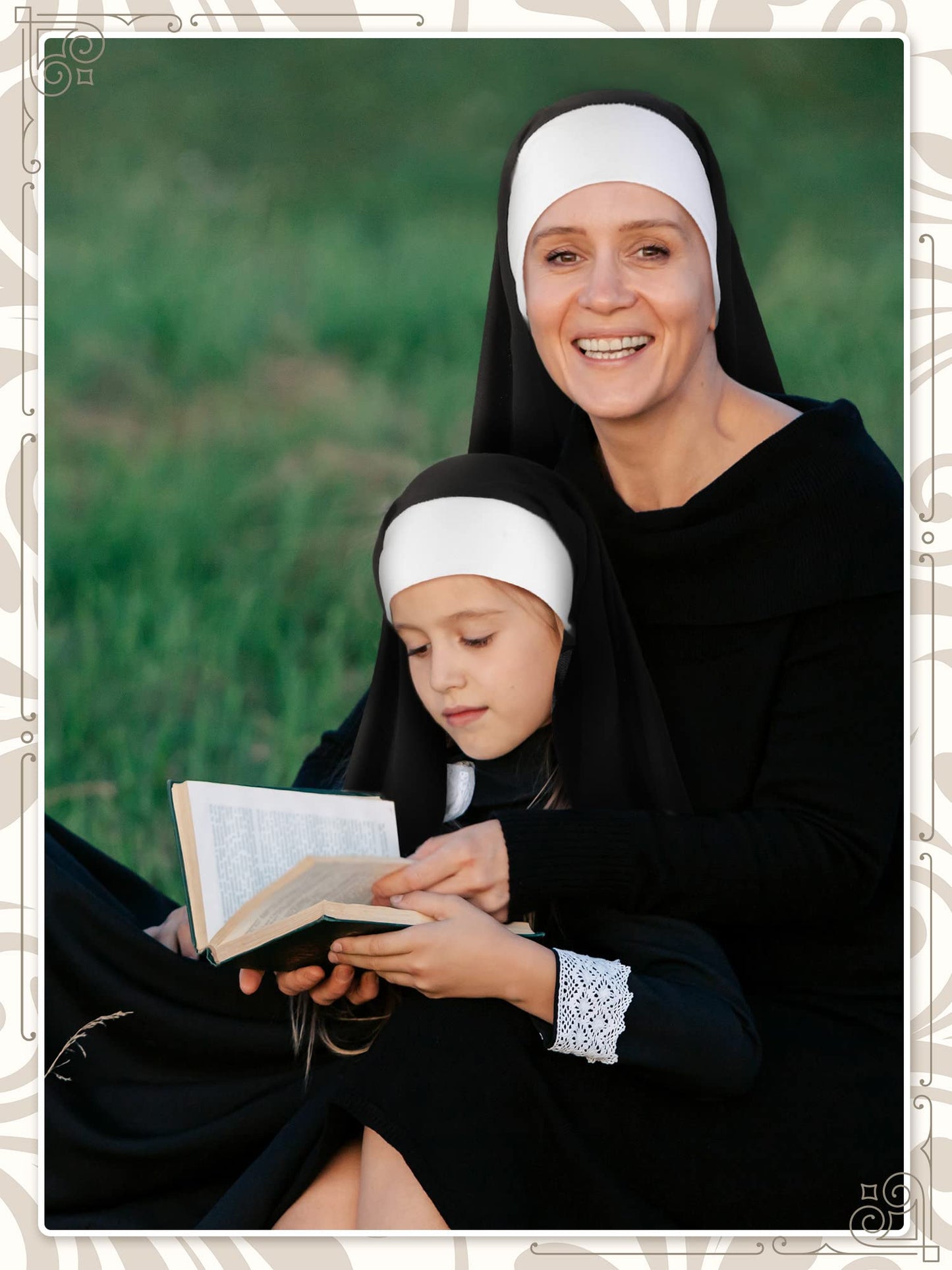 Newcotte 4 Pcs Women's Nun Headpiece Hat Cap Costume Accessories Nun Habit Costume for Halloween Cosplay Party, Black White (Medium)