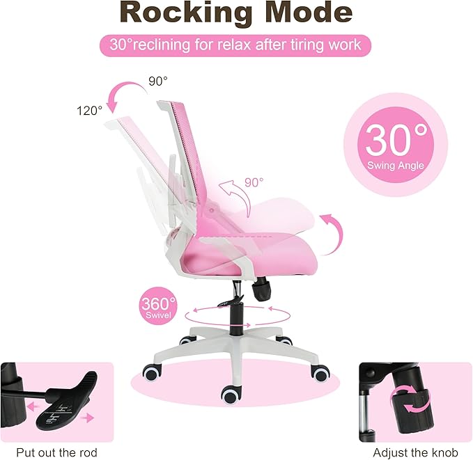 Msdizuo Ergonomic Office Chair Desk Chair with Adjustable Height Mesh Computer Chair Swivel Chair with Flip-up Arms and Lumbar Support Pink