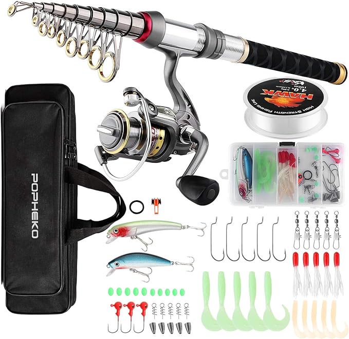Fishing Rod Reel Combo Full Kit Telescopic Spinning Pole Set with Reel Line Lures Hooks Carrier Bag Saltwater Freshwater F...