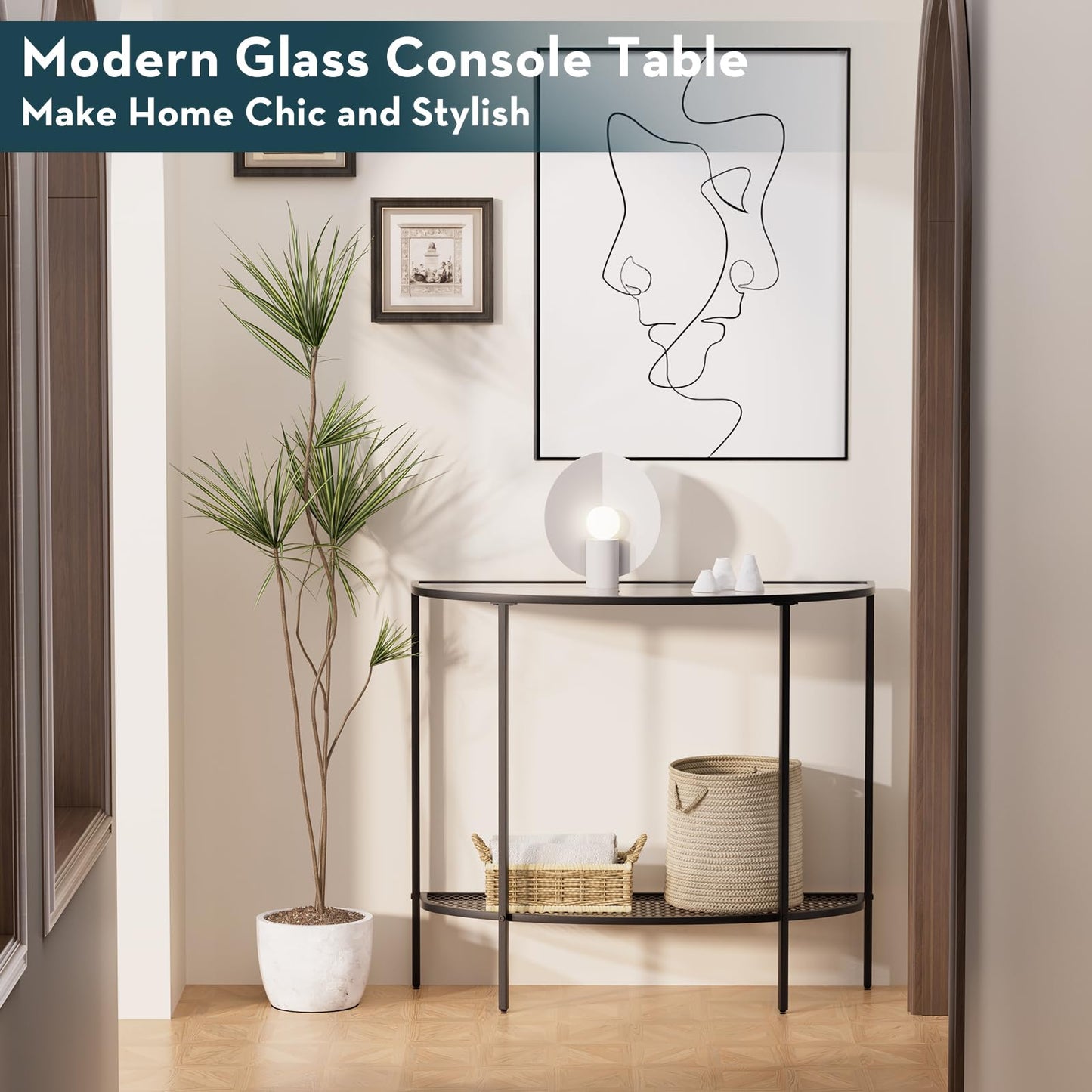 SAYGOER Glass Half Moon Console Table 2 Tier Narrow Entryway Table with Black Metal Frames, Modern Couch Table Small Entry Way Tables, Easy Assembly, Clear Glass