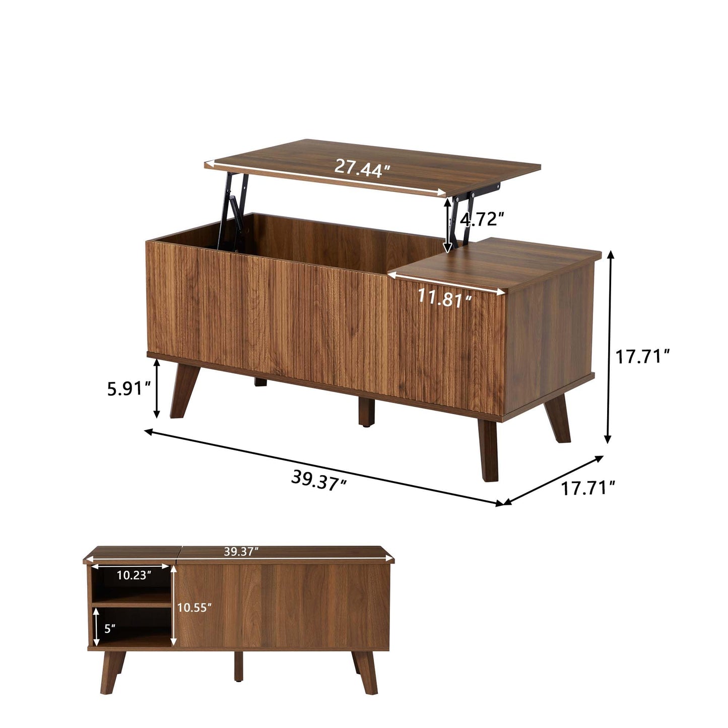 Wooden Fluted Lift Top Coffee Table with Hidden Compartment, Modern Rectangle Center Tables with Adjustable Storage Shelf, Lift Tabletop Dining Table for Home Living Room Office(Walnut)