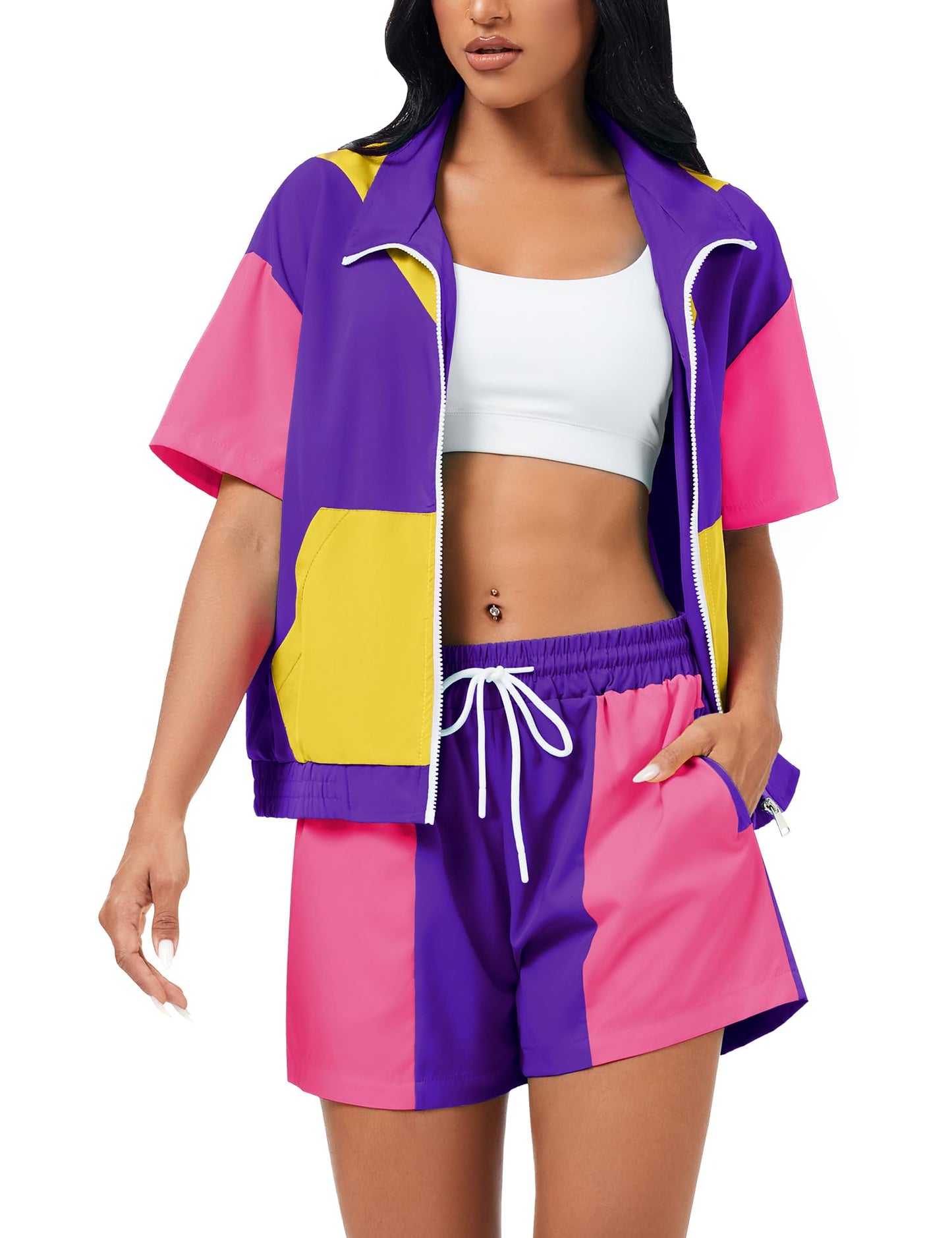 ZDT Women's Color Block 80s 90s Outfit 2 Piece Short Sleeve Costume Zip Up Windbreaker Track Suits Set Purple XL