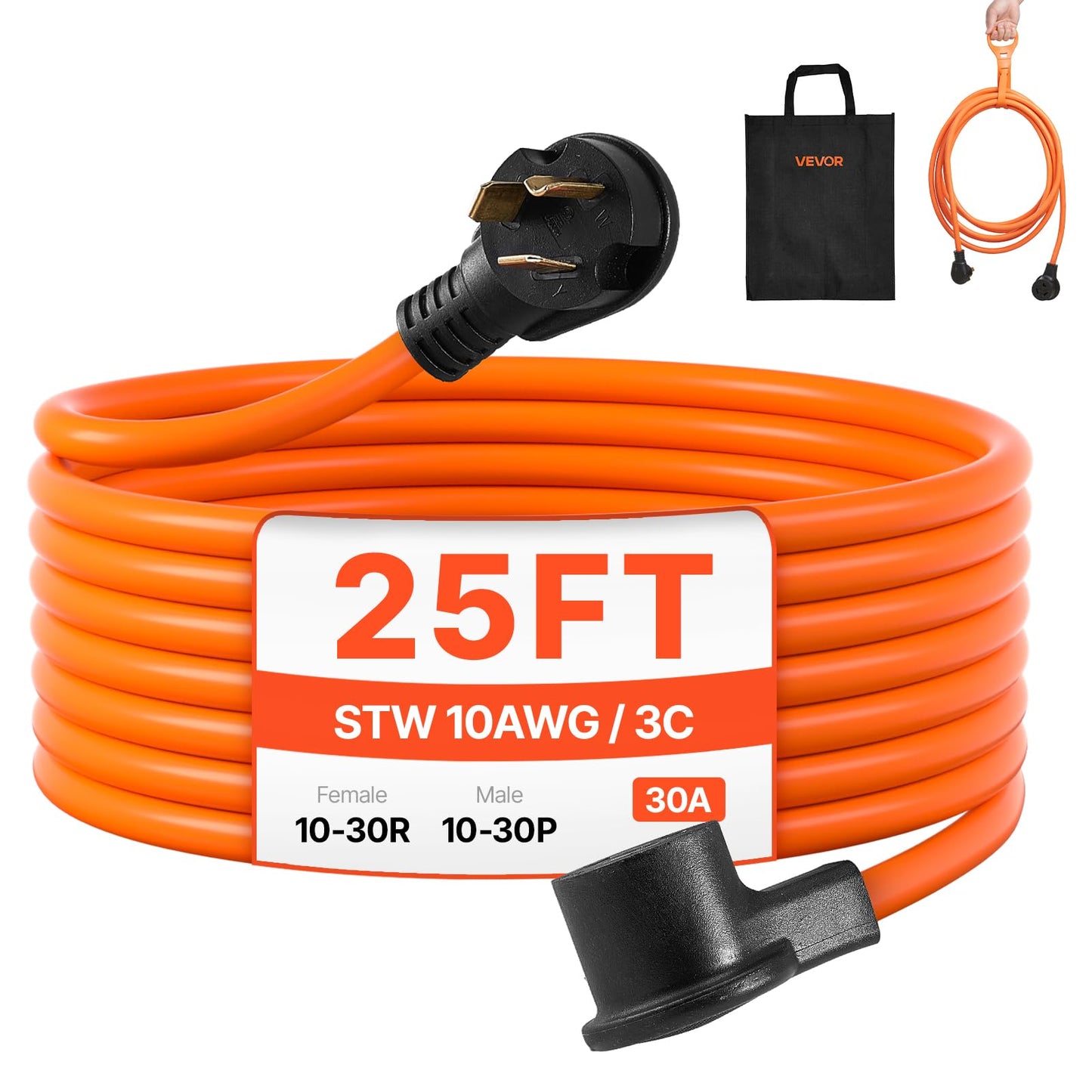 Vevor 25 Ft Dryer Extension Cord, 3-Prong Nema 10-30P To 10-30R Dryer Cord, 125V/250V Stw 10Awg/3C, 30A, Pure Copper Wire Cable
