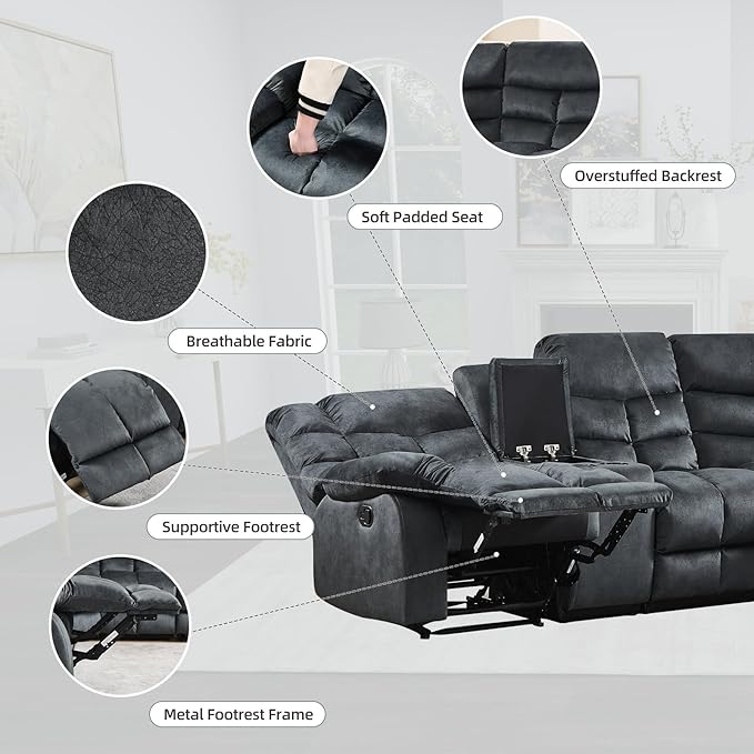 EBELLO Manual Reclining Sectional Sofa Set for Living Room, Soft Fabric Recliner Corner Sectional Couch with Center Console, Cup Holder and Storage, Grey