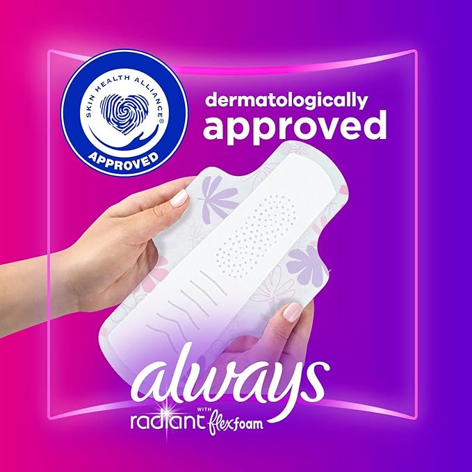 Always Radiant Feminine Pads for Women, Flexfoam Pads with Wings, Size 2, Heavy Absorbency, Lightly Scented, 78 Count (3 Packs of 26)