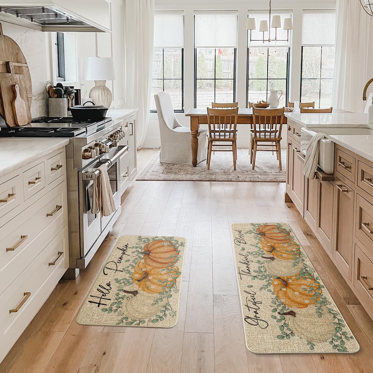 Artoid Mode Orange Maple Leaves Happy Fall Y'all Kitchen Mats Set of 2, Thanksgiving Home Decor Low-Profile Kitchen Rugs for Floor - 17x29 and 17x47 Inch