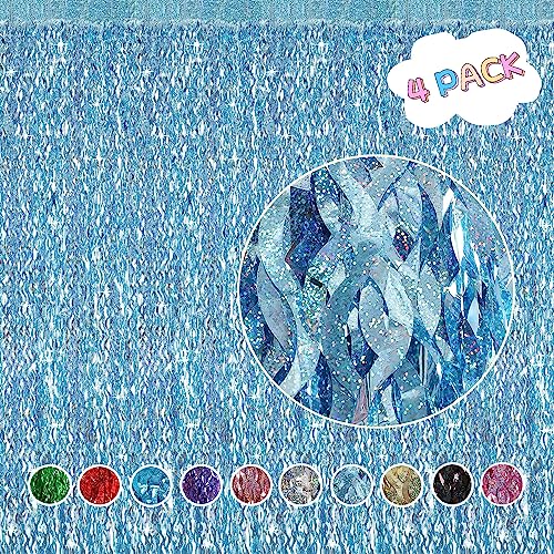 4 Pack Light Blue Party Foil Curtain - CYLMFC 3.3 ft x 6.6 ft Wavy Photo Booth Backdrop Metallic Tinsel Foil Fringe Curtai...