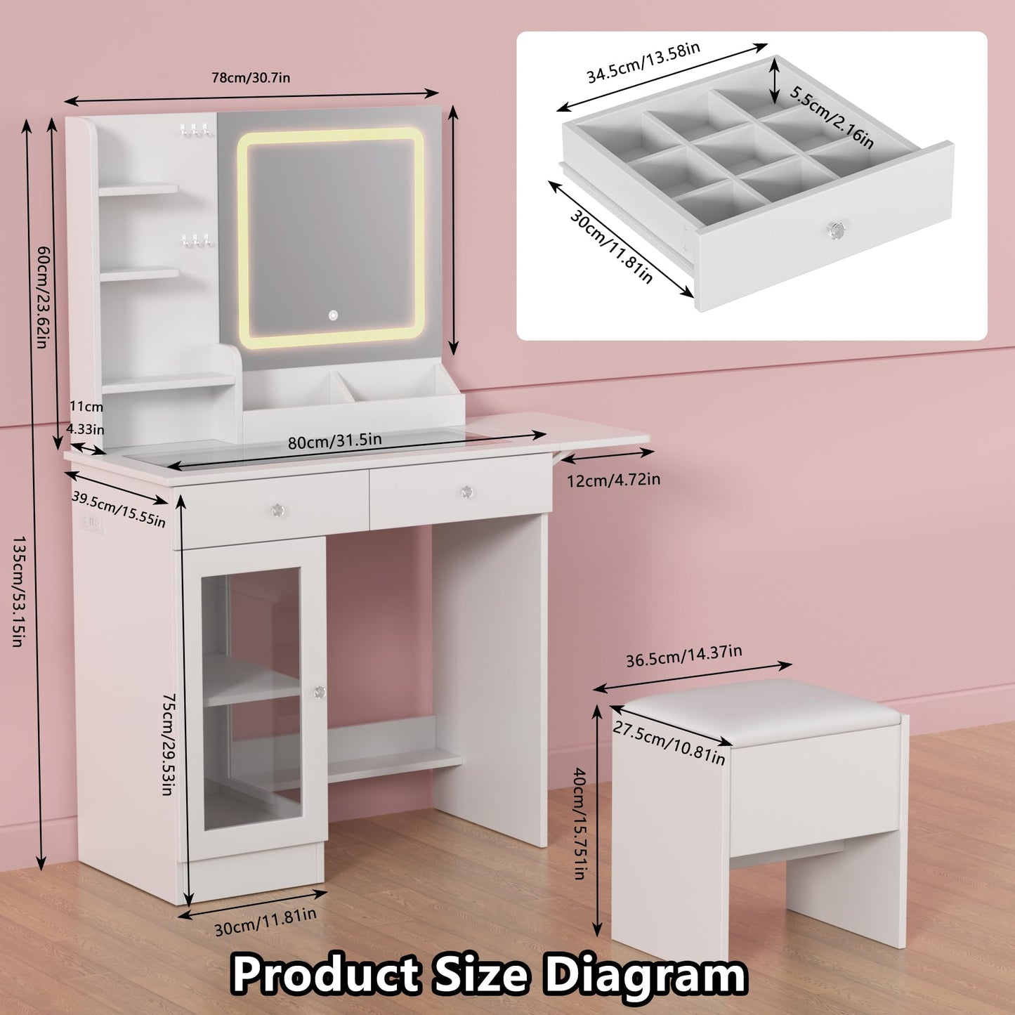 Furnistar Vanity Desk with 3-Colors LED Lights-Mirror and Stool Vanity Set with Power Strip Makeup Vanity with one Cabinet and Two Drawers Dressing Table Set for Women White