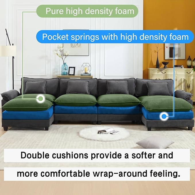 Oprisen 154" Modular Sectional Sofa, Comfy Cloud Couch Sectional Sofa with Ottoman, Velvet Sofa Sleeper Deep Seat Sofa with Throw Pillows for Living Room (Blue Gray, 154"- U Shape)
