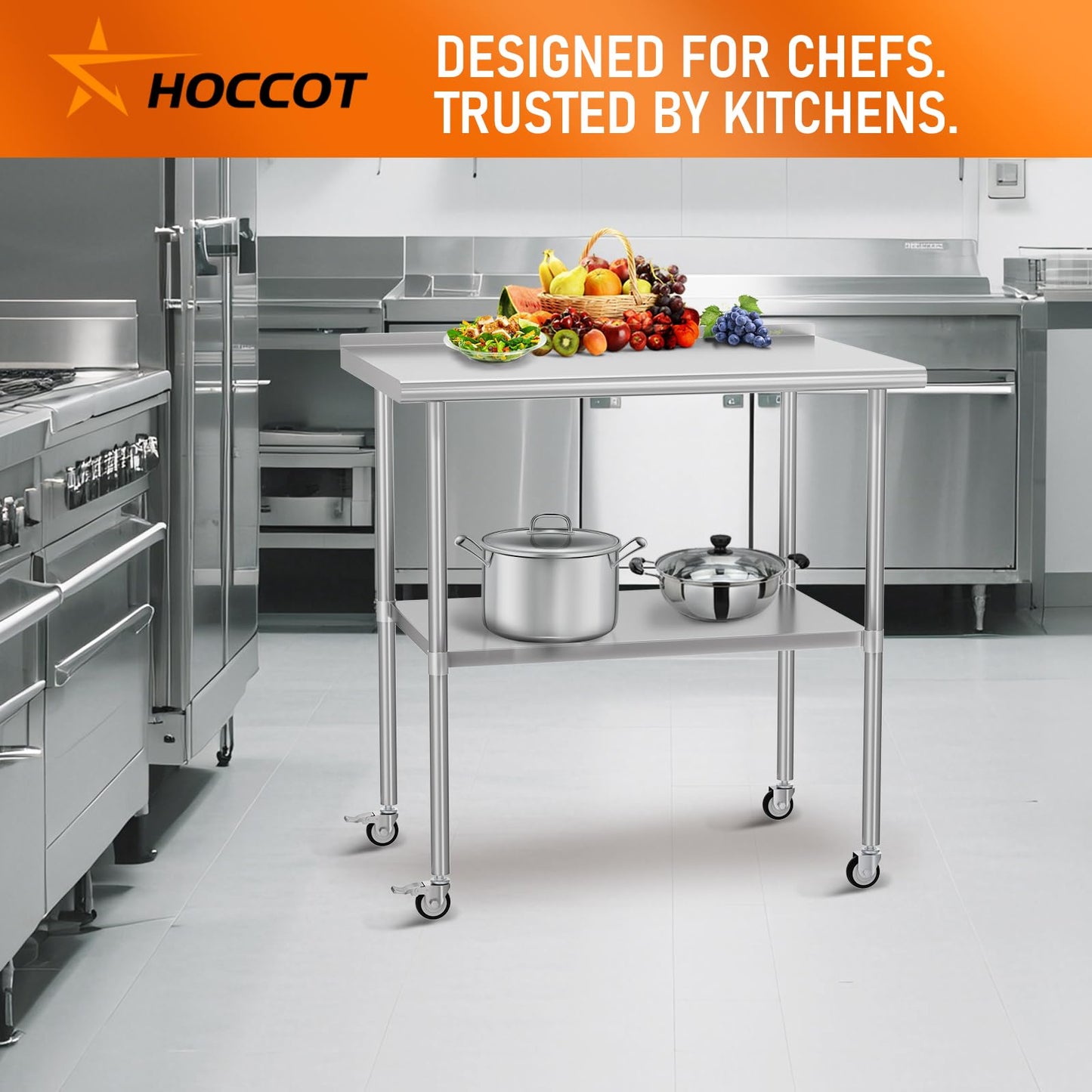 HOCCOT Stainless Steel Prep Table 24" X 36" with Adjustable Undershelf, Backsplash and Wheels, Commercial Metal Workstations for Kitchen, Garage, Outdoor BBQ