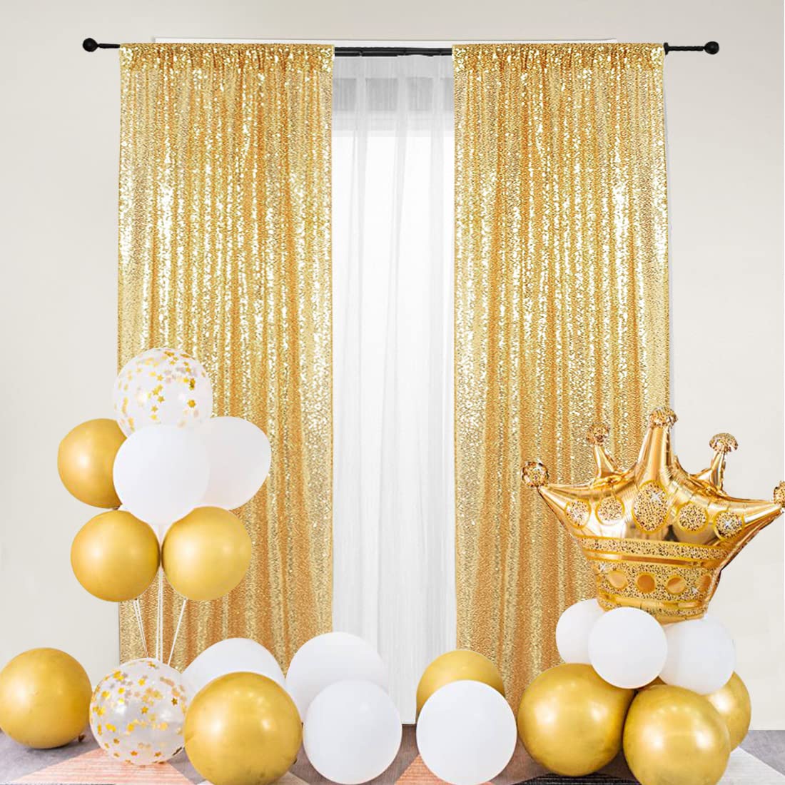 PartyDelight Gold 2FT X 8FT Sparkly Sequin Backdrop Curtains 2 Panels for Wedding Party Room Decorations Events