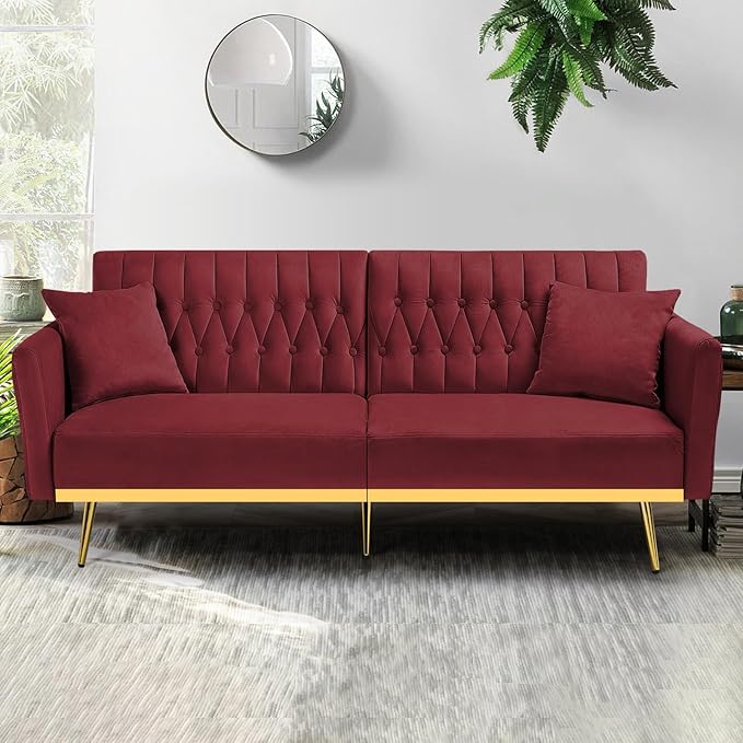 ACMEASE 70” Velvet Futon Sofa Bed with 2 Pillows and Adjustable Armrests, Convertible Sleeper Bed W/Adjustable Backrests, Modern Loveseat for Living Room, Bedroom, Red