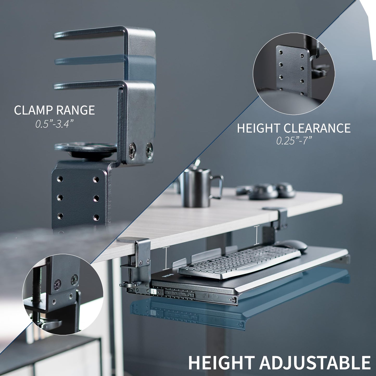 VIVO Large Height Adjustable Under Desk Keyboard Tray, C-clamp Mount System, 27(33 Including Clamps) x 11 inch Slide-Out Platform Computer Drawer for Typing, Black, MOUNT-KB05HB