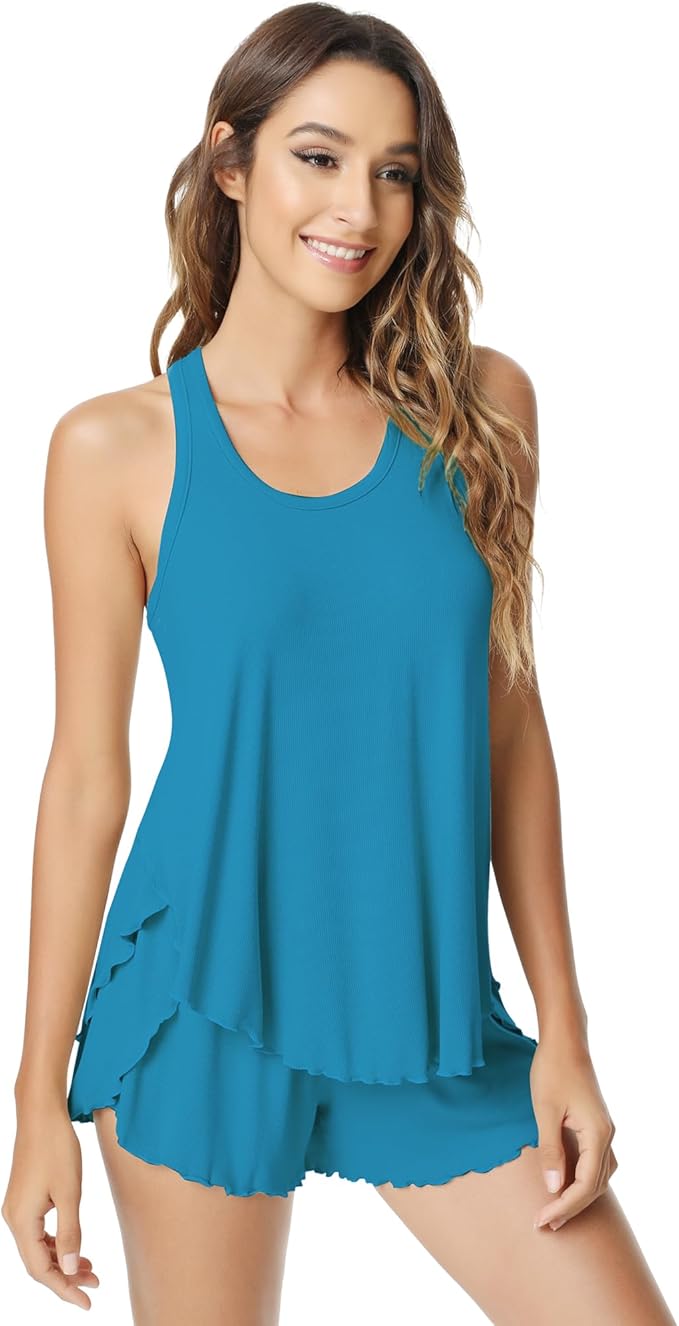 NACHILA Pajamas for Women-Viscose from Bamboo, Ribbed Racerback Tank Top Sexy Split Shorts Pajama Sets Cooling Sleep Cami Pjs