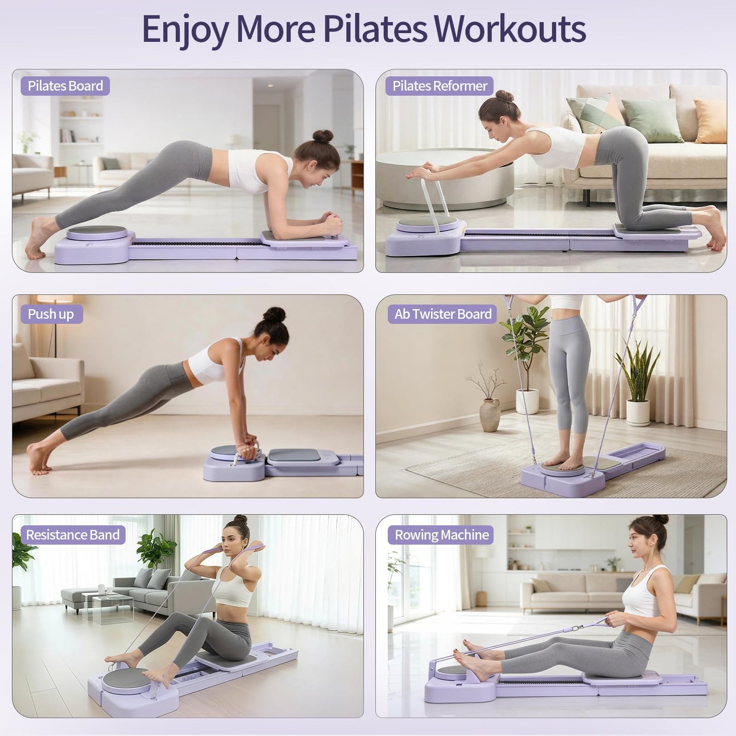 Lerpio Pilates Reformer Board with 3 Adjustable Resistance, 60'' Foldable & Portable Pilates Machine for Home Use, Tool-Free Assembly, Includes Storage Box and 3 Yoga Socks (Purple)