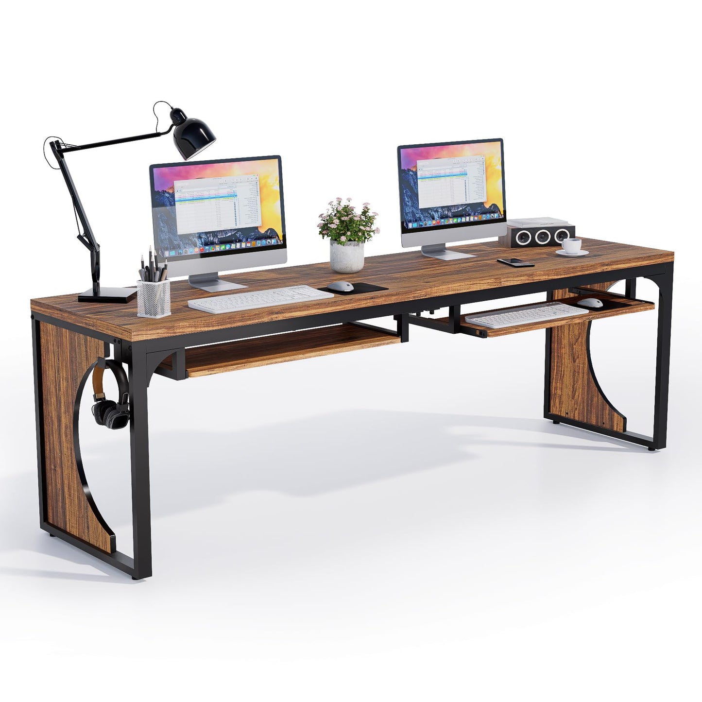 FUXJUM 78.7 Inch Extra Long Home Office Desk Game Computer Desks for 2 Persons Double Keyboard Trays Workstation with Hooks Writing Study Table Rustic Brown MDF and Metal Frame