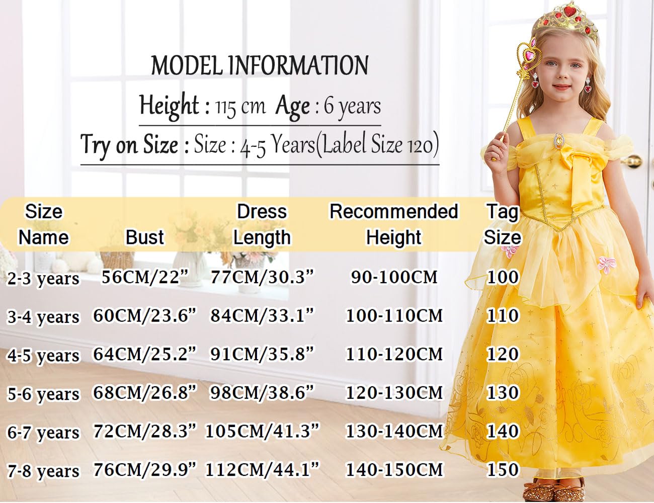 Luzlen Princess Costume for Girls Kids Belle Dress Halloween Cosplay Party Outfit Toddler Princess Dress Up, 5-6 Years(Label 130)