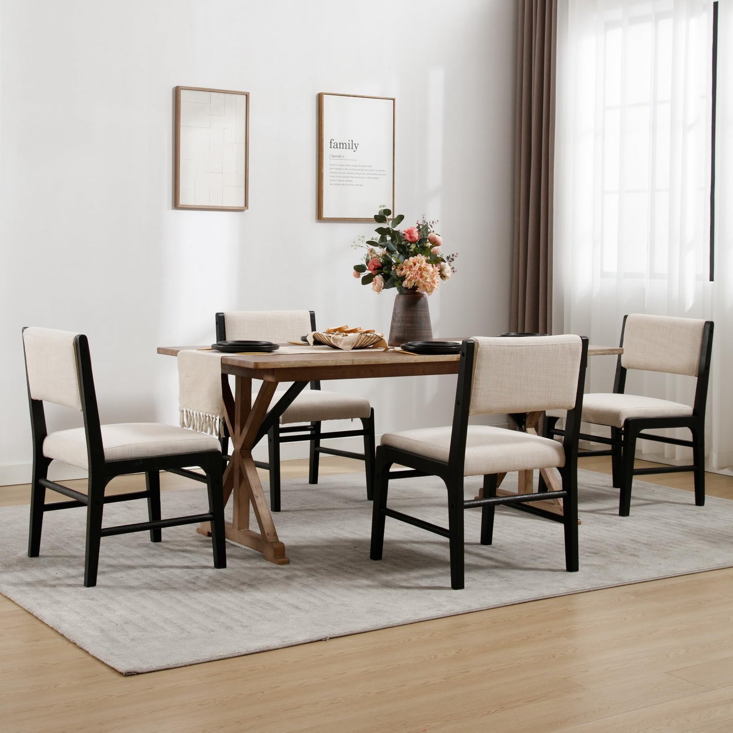 BESTANO Beige Linen Upholstered Dining Chairs Set of 4 Farmhouse Black Wooden Kitchen Dining Chairs Armless Side Chairs with Back