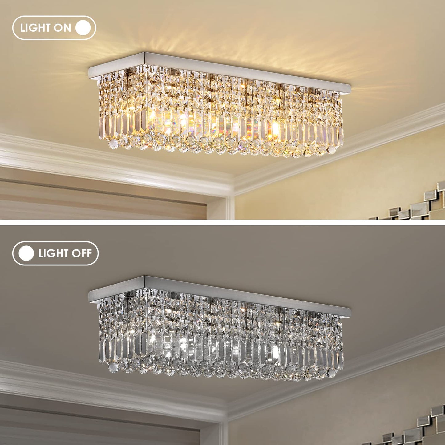 Siljoy Modern Crystal Chandelier 6-Lights Rectangular Flush Mount Pendant Ceiling Light Fixture Rectangle K9 Crystal Raindrop Chandelier for Dining Living Room Kitchen Island L31.5'' x W10'' x H10'