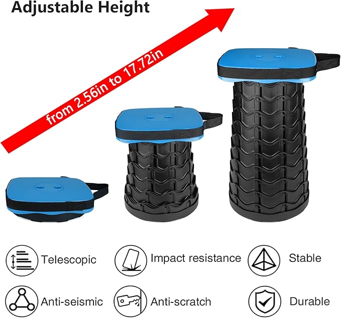 Outward Gear Upgraded Collapsible Stool Heavy Duty 550lbs Load Capacity Portable Foldable Sturdy Telescopic Stool for Camping Travel Hiking (Blue)