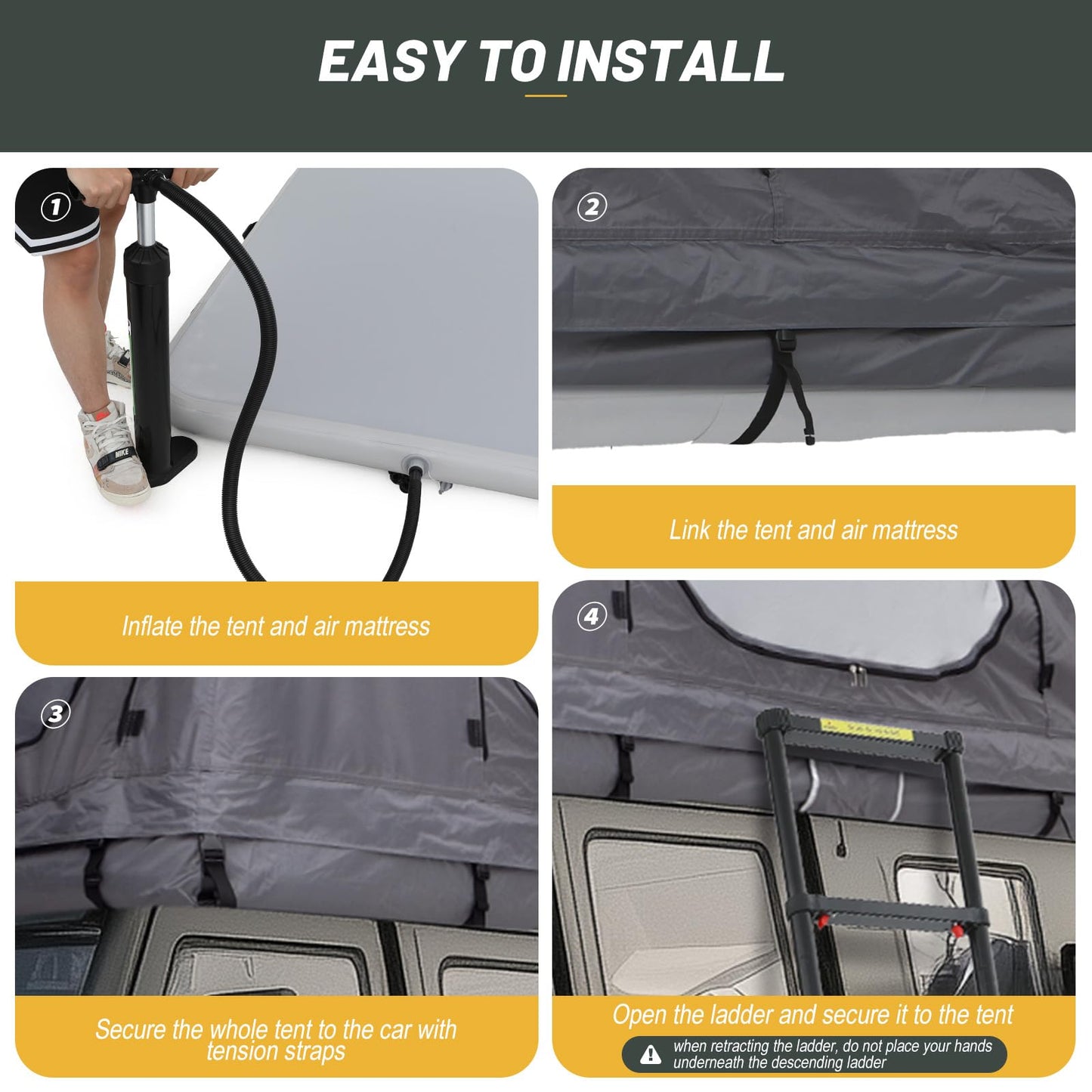 Nice C Inflatable Rooftop Tent with Air Mattress & Ladder, SUV Truck Car Tent for Camping, Easy Setup Pop-Up Camping Car Roof Tents with Pump, Waterproof Windproof Overland Tents (Black&Grey)