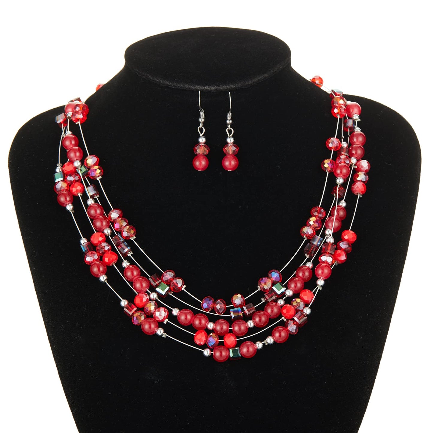 Layered Chunky Statement Necklace for Women Colorful Boho Beaded Necklaces and Earring Set Fashion Costume Jewelry for Women(Red