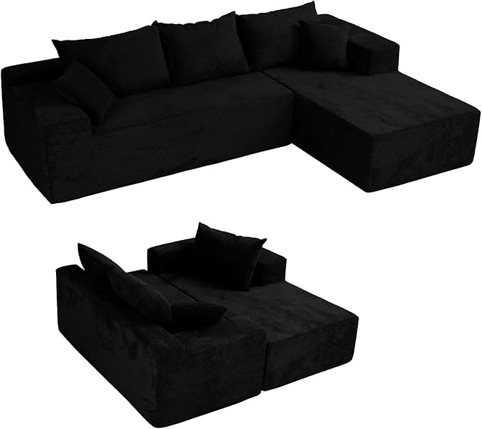Black Cloud Couch Sectional Sofa in Box with L-Shape Chaise,Modern Modular Couches Upholstered with Deep Seat for Living Room,No Assembly Required