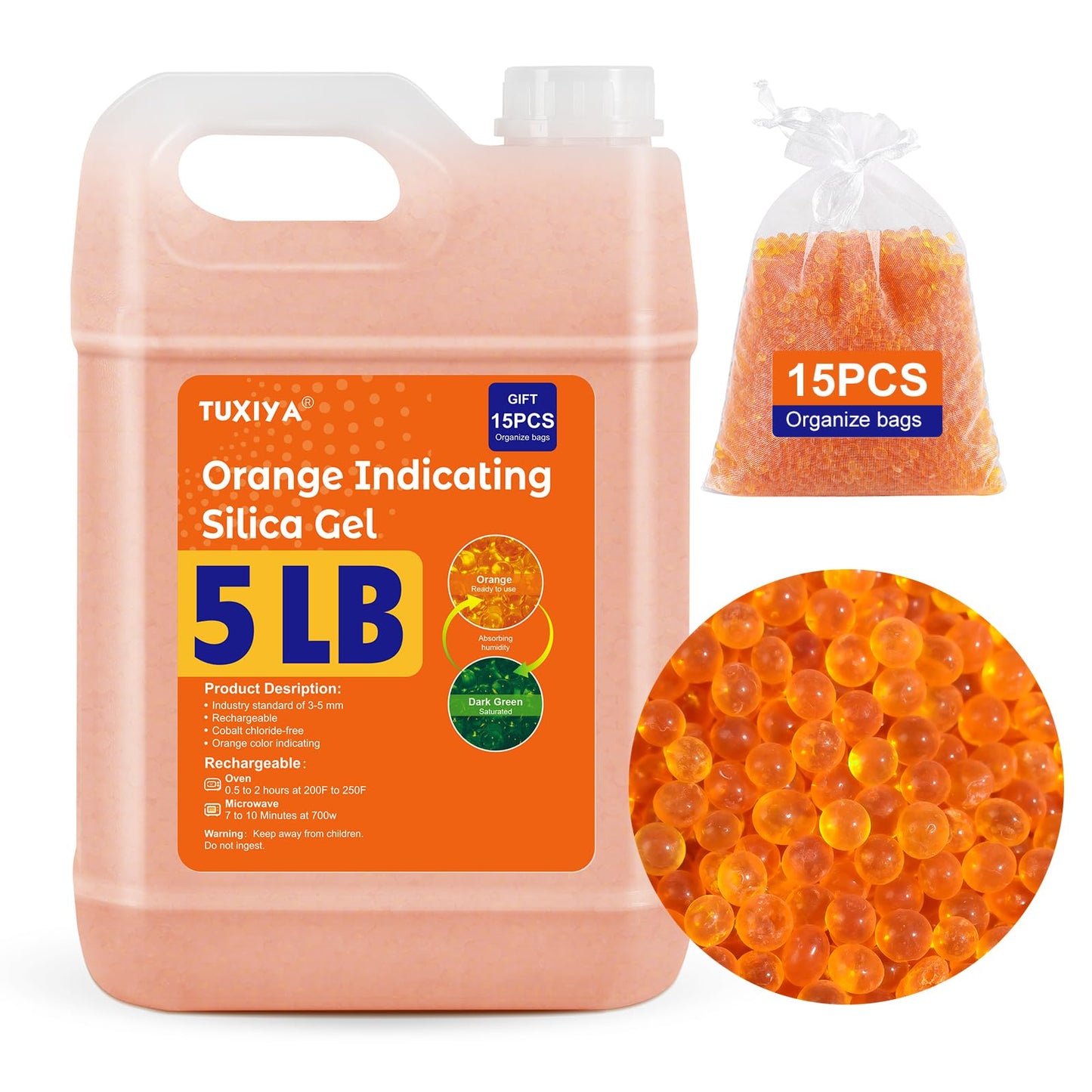 TUXIYA 5 LBS Orange Indicating Silica Gel Desiccant Beads,(Industry Standard 3-5 mm) Rechargeable Silica Gel Beads for 3D Filament, Electronic Devices, Camera, Jewelry, Safe(15PCS Organza Bag)