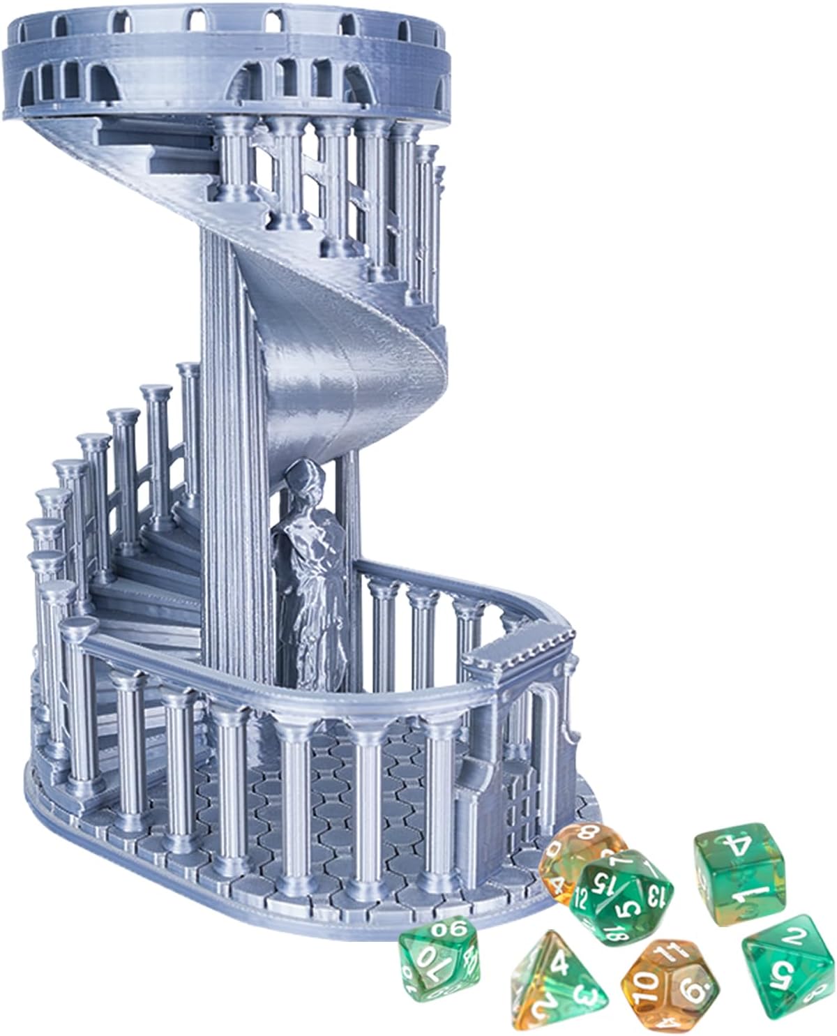 DND Dice Tower with Tray for Role Playing Game,Dungeons and Dragons,D&D,TRPG,7PCS Dice Included,Perfect Ancient Roman Castle Theme Dice Rolling Tower (Classic Grey Color)