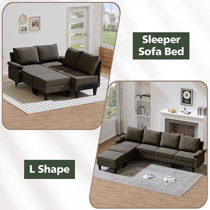 Topcomfy U-Shaped Sectional Couches for Living Room, Convertible 4 Seat Modular Sectional Sofa Set with Ottoman, Modern L Shaped Couch with Chaise for Bedroom Apartment and Office, Chenille Brown