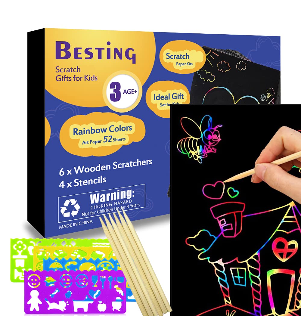 BESTING 52 Pcs Rainbow Scratch Paper Art Set 8.3" x 11.02" Black Scratch Off Big Size Art Book Crafts Kit Ideal for Kids DIY Party Favors Game Activities Birthday and Christmas Gifts (SP862)
