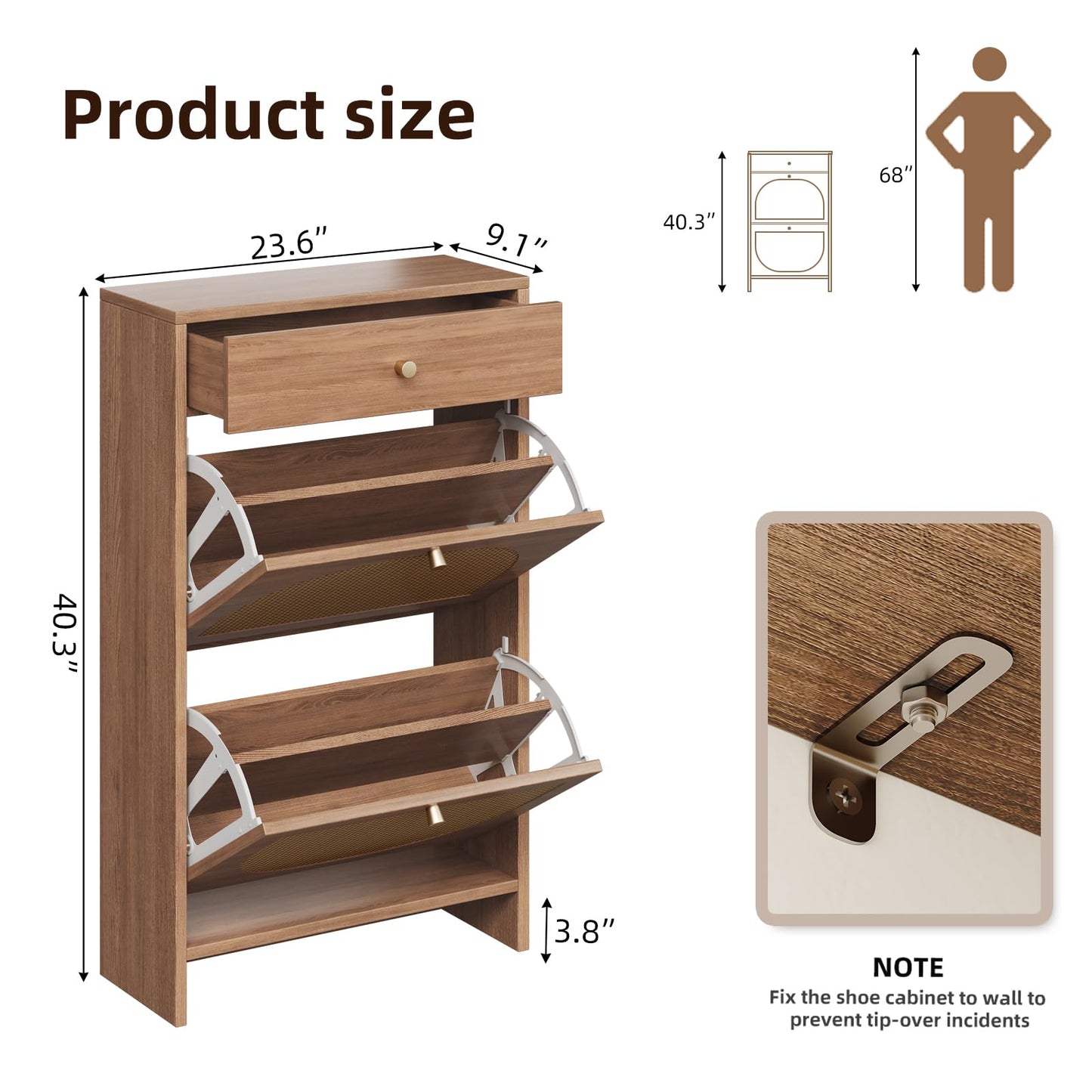 Nicetree Shoe Storage Organizer with 2 Flip Drawers and 1 Drawer, Freestanding Fluted Accent Narrow Shoe Rack, Farmhouse Shoe Cabinet with 3-Tier Adjustable Shelves for Hallway Foyer Rustic